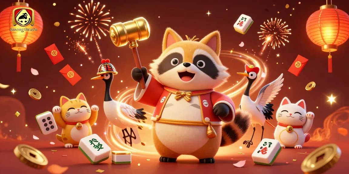 Engage with the danangtheatre gaming experience as a cheerful tanuki celebrates wins with lucky symbols.