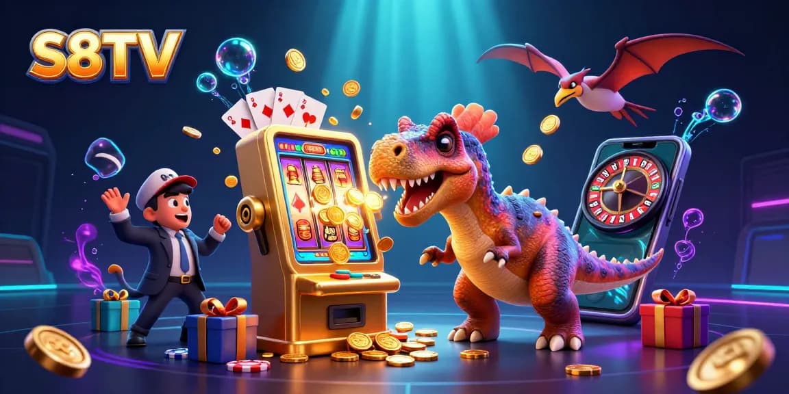 S8TV showcases a dinosaur jackpot scene with animated excitement, depicting unique casino experiences.