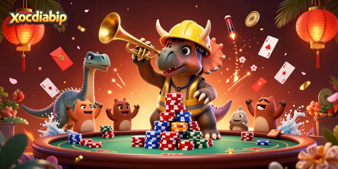 Experience exciting poker adventures with xocdiabip's dynamic triceratops and game elements in a rich 3D illustration.