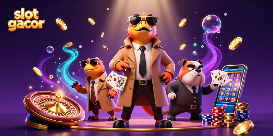 Mengaktifkan peluang slot gacor dengan tiga raptor 3D beraksi di lounge VIP kasino, dikelilingi oleh koin emas.