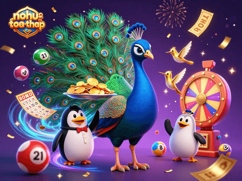 Experience excitement with nohu-toa-thap in a vibrant 3D casino scene, featuring dynamic lottery elements.