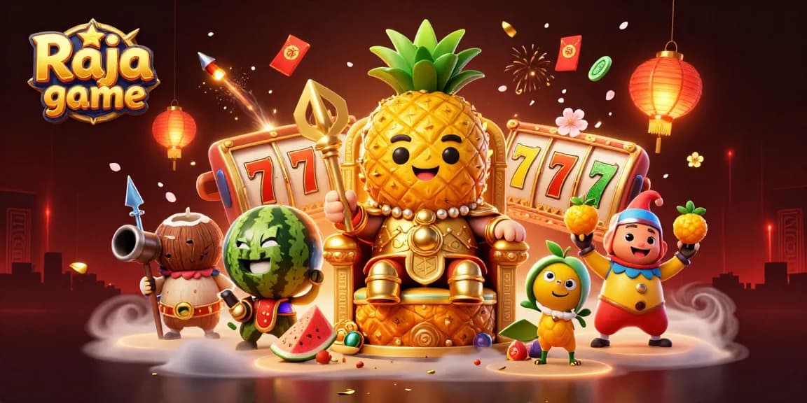 Play the exciting Raja game with the golden pineapple king and lively casino elements.