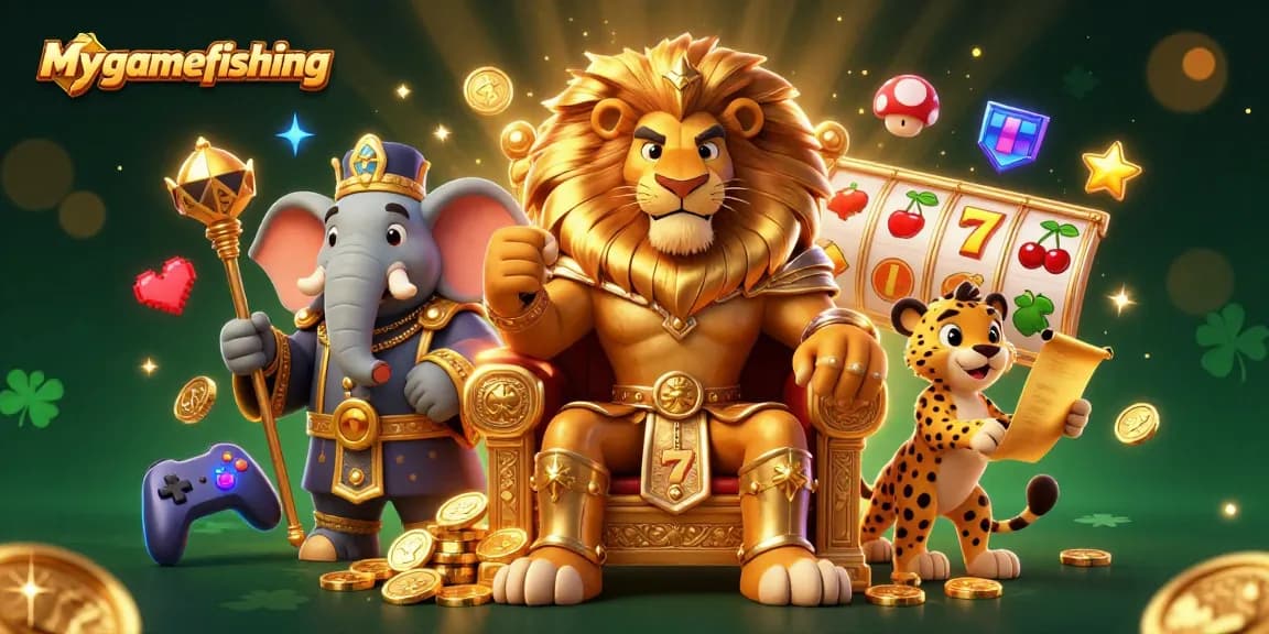 Engage in mygamefishing with a vibrant 3D illustration of casino slot elements and characters.