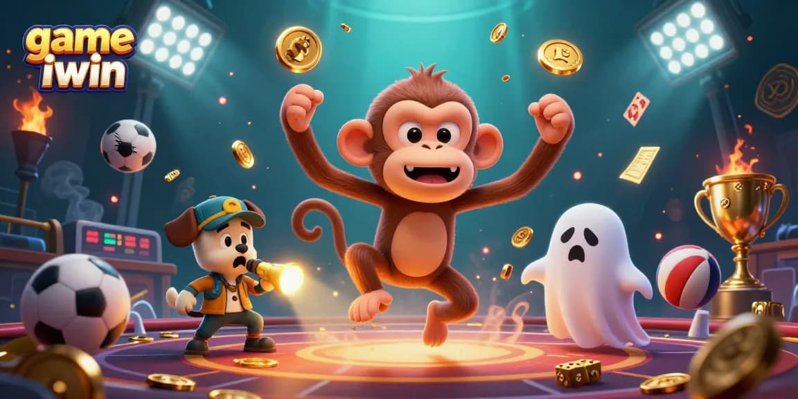 Engage in game iwin with 3D characters juggling golden items in a haunted casino setting.