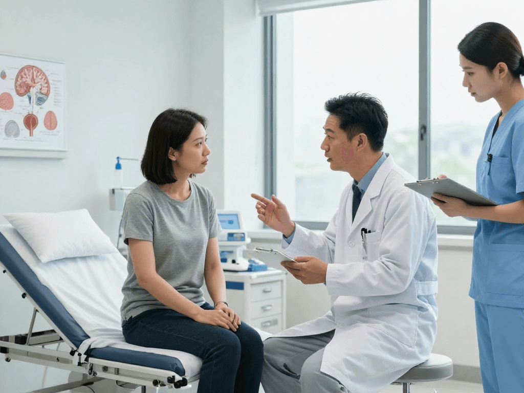 Detailed discussion on beyin tümörü ameliyatı between a neurosurgeon and patient in a modern clinic.
