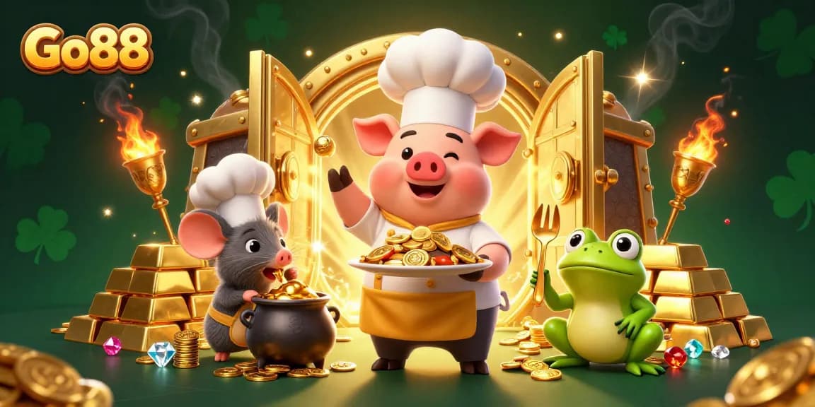 Experience winning opportunities at Go88 with a festive scene of gold coins and gaming elements.