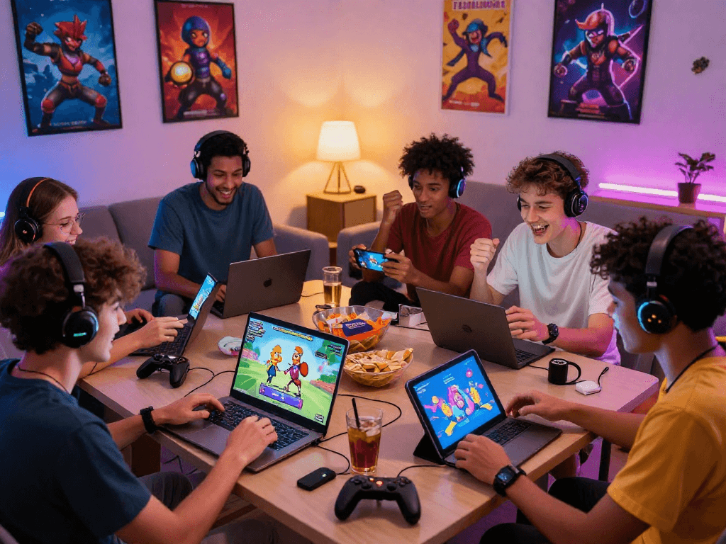 Friends playing engaging sex games online in a cozy living room atmosphere, featuring multiple devices.