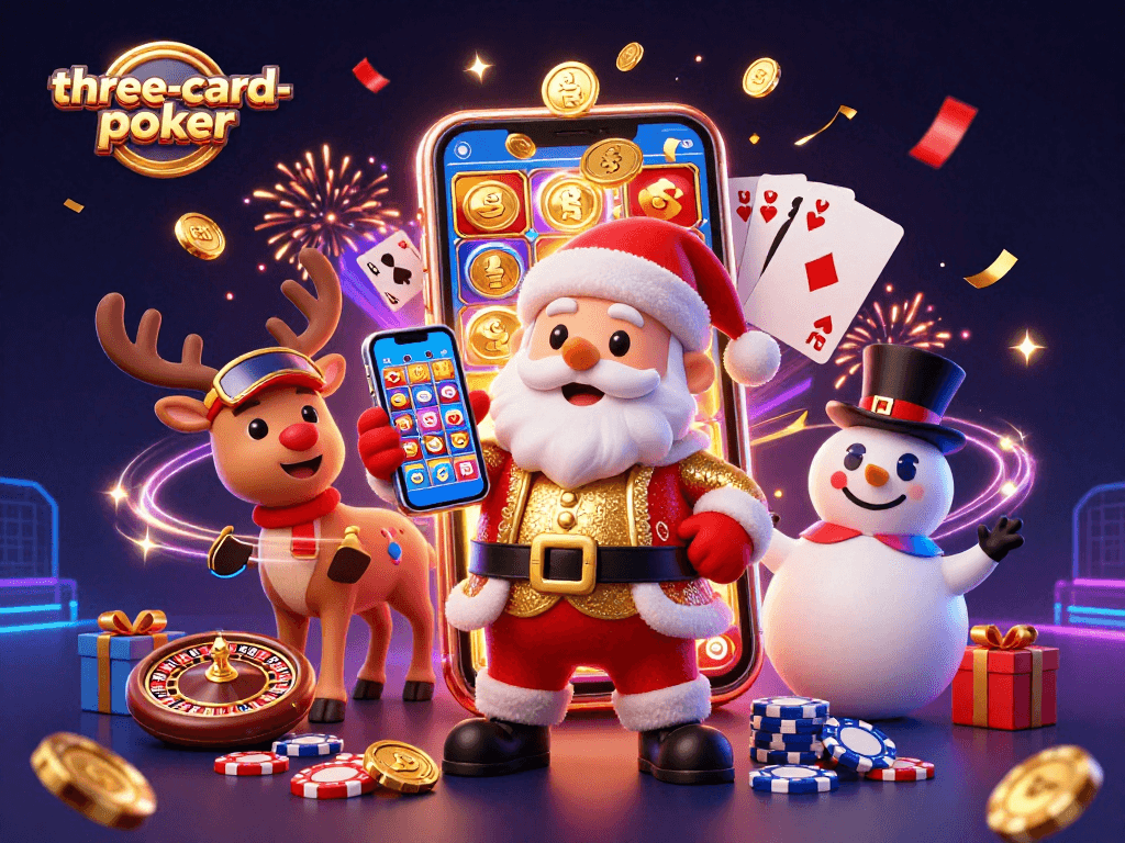 Experience thrilling three-card-poker with our festive characters enjoying colorful casino action.