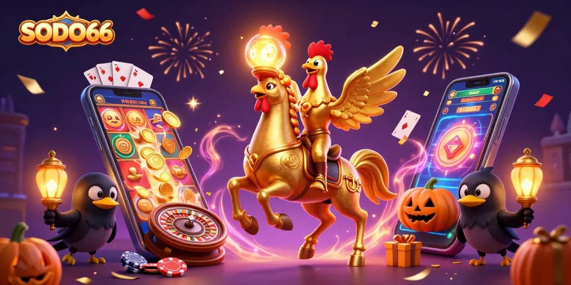 SODO66 ignites excitement with a dynamic scene featuring casino characters and vibrant game elements.