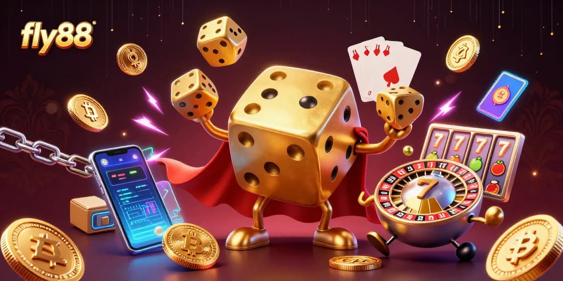 Experience fly88's excitement with a dynamic 3D casino scene featuring vibrant gaming elements.