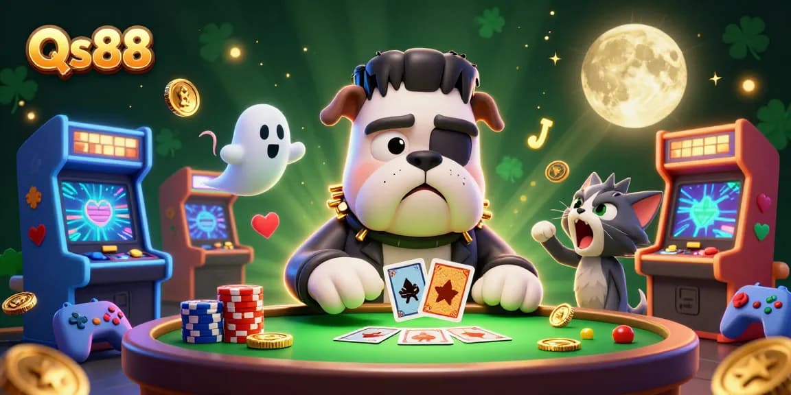 Engage in thrilling Qs88 games with a vibrant 3D casino scene featuring unique characters and glowing elements.