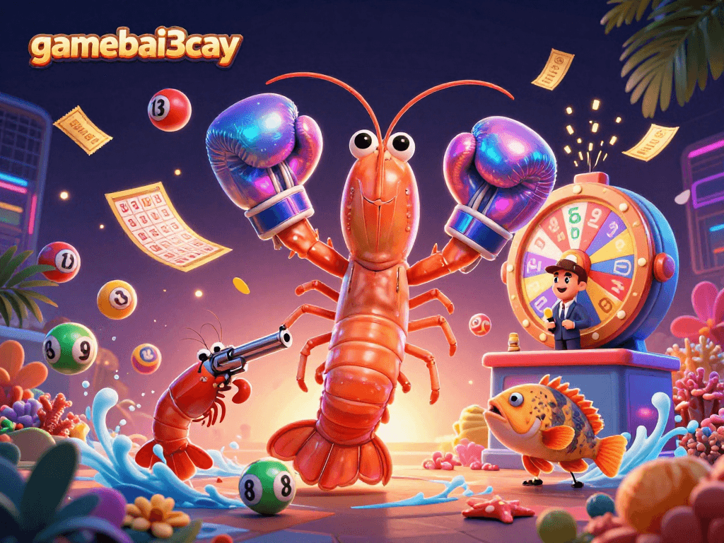 Gamebai3cay features a dynamic scene with cartoon characters and energetic gambling elements.