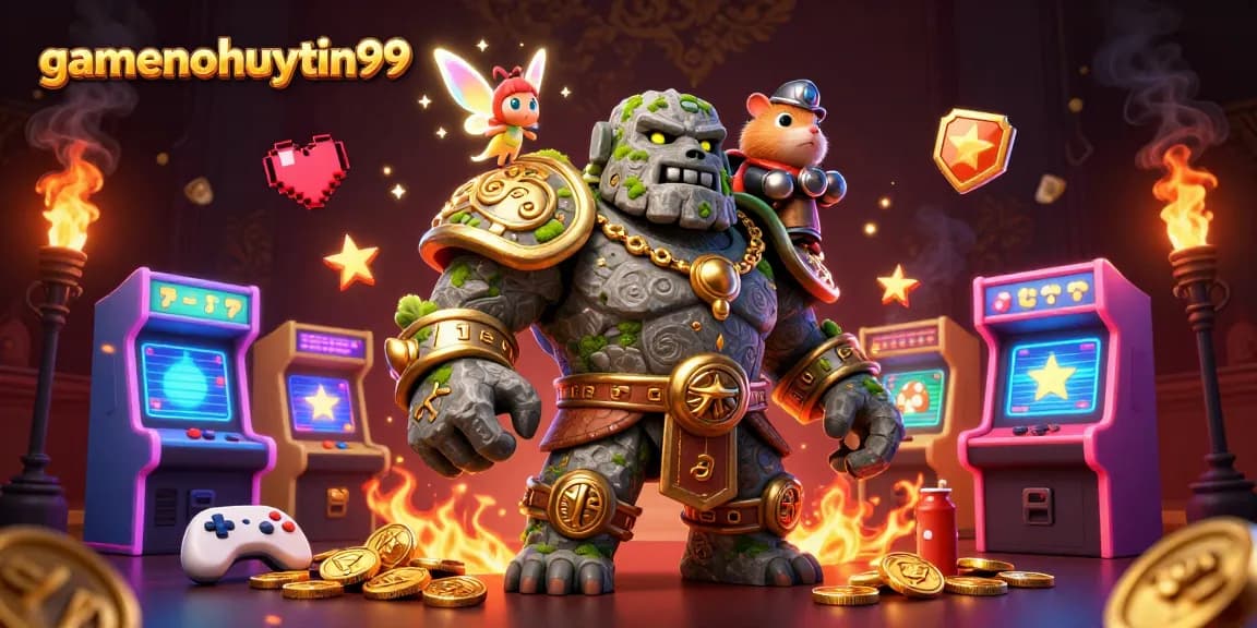 Engage gamenohuuytin99 as you witness a mystical scene with a golem guardian and magical elements.