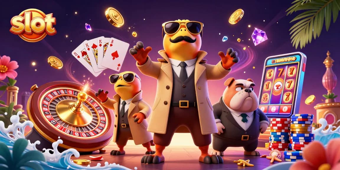 Spin slot machines and enjoy vibrant casino elements as raptors entertain at a VIP lounge.