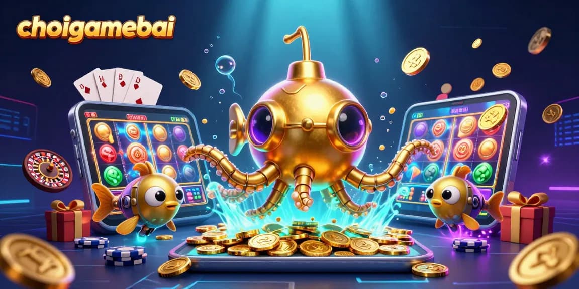 Play colorful slot games with choigamebai's dynamic golden kraken submarine and mechanical fish!