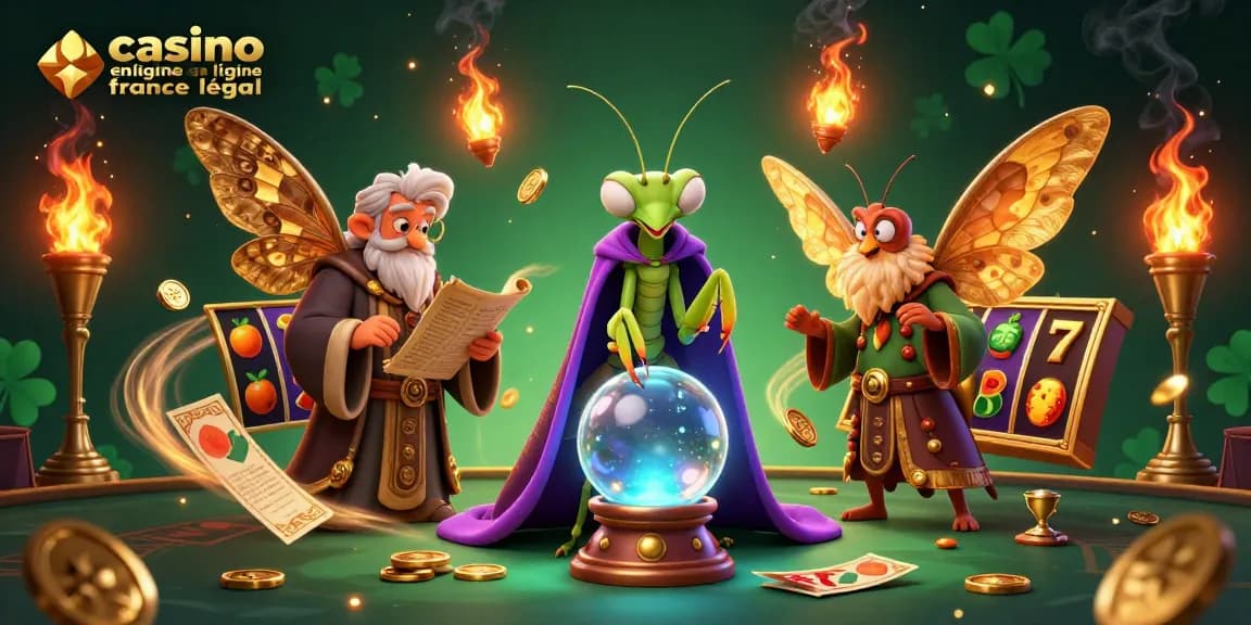Illustration représentant le personnage "casino en ligne france légal" entouré de jackpots et de jeux captivants.