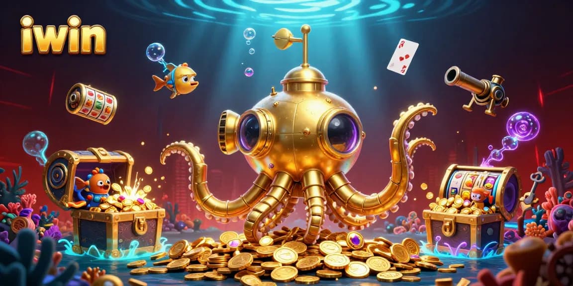 Play exciting games at iwin with a vibrant, colorful 3D illustration of underwater treasures and a golden kraken.