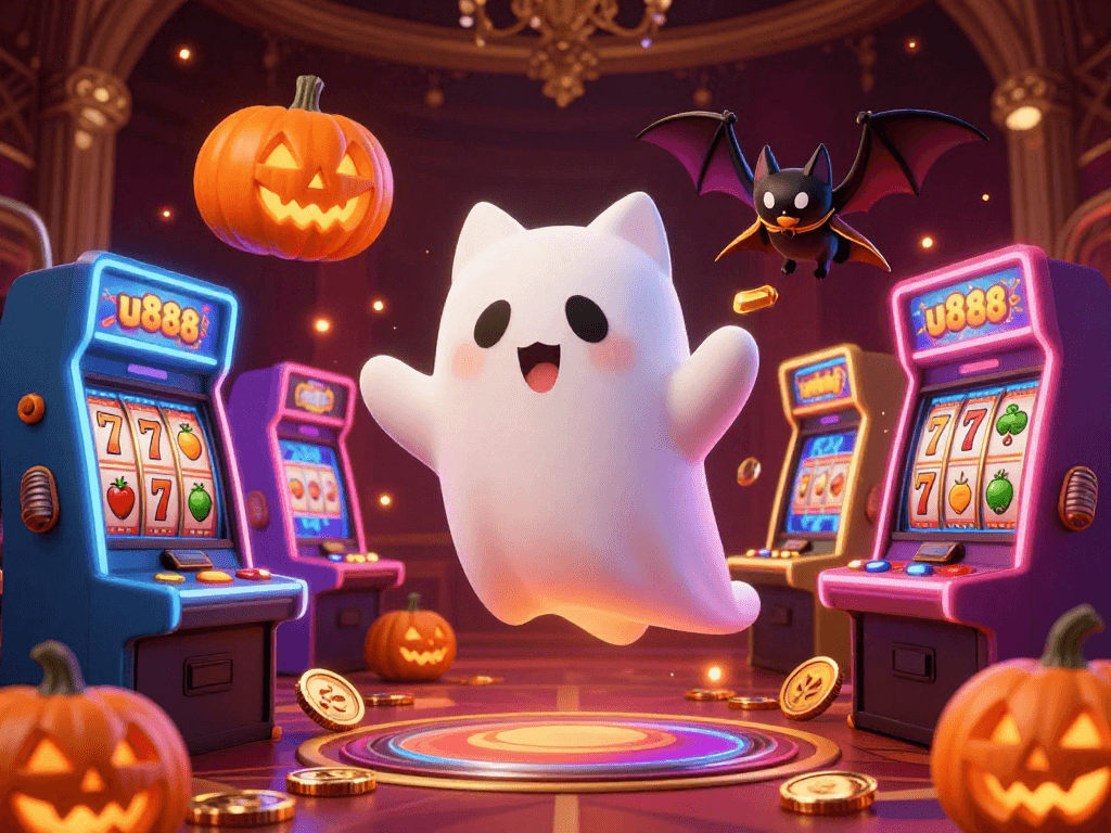 Engage with u888's thrilling ghost-themed casino experience featuring glowing jack-o-lanterns and vibrant game elements.
