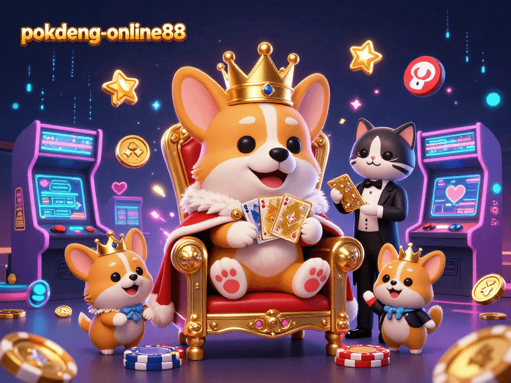 Experience the thrill of pokdeng-online88 with a cartoon royal corgi on a poker chip throne among colorful gaming elements.