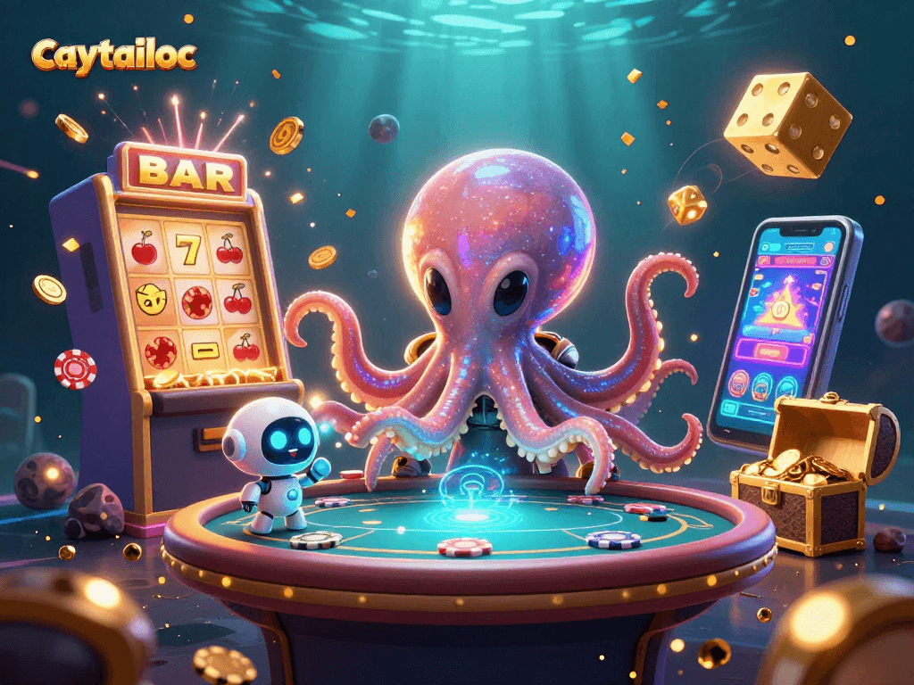 Experience the thrilling caytailoc jackpot action with an alien octopus at a dynamic poker table surrounded by vibrant casino elements.