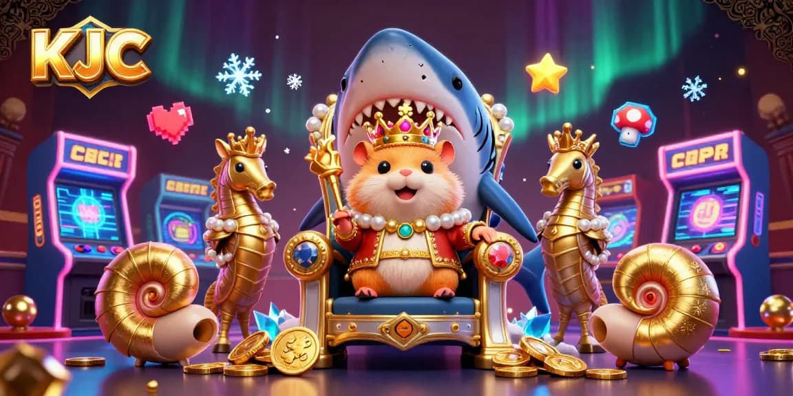 KJC casino-themed illustration showing a golden hamster king with arcade machines and game elements.