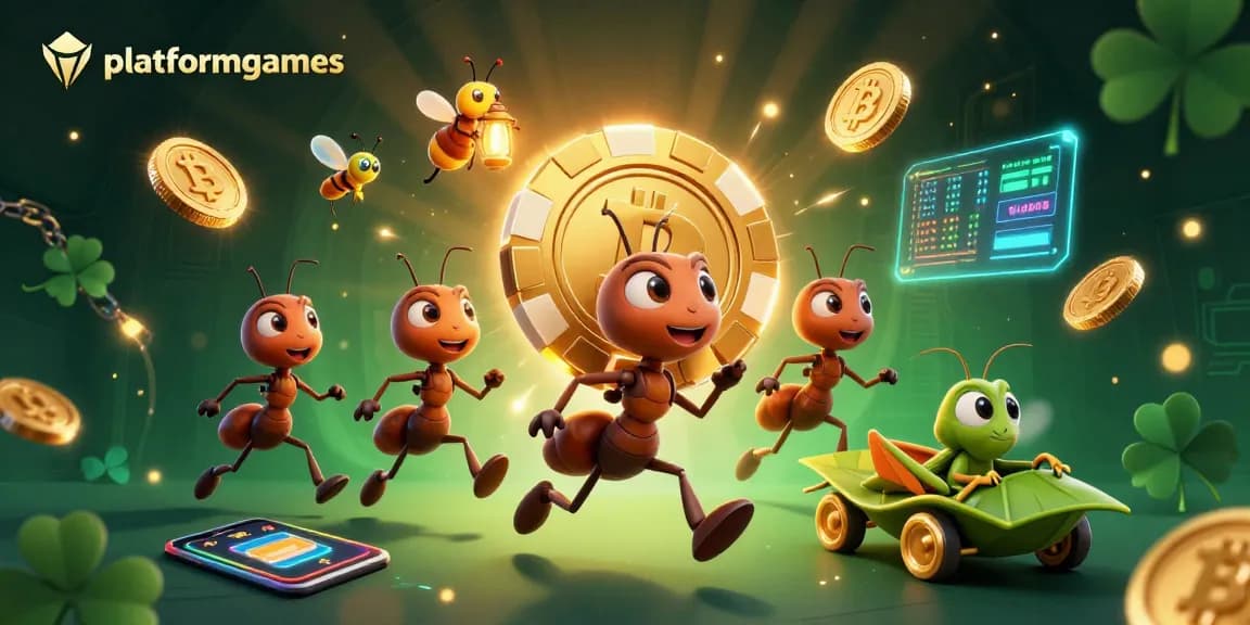 Experience platformgames excitement with cartoon ants and glowing crypto heist details.