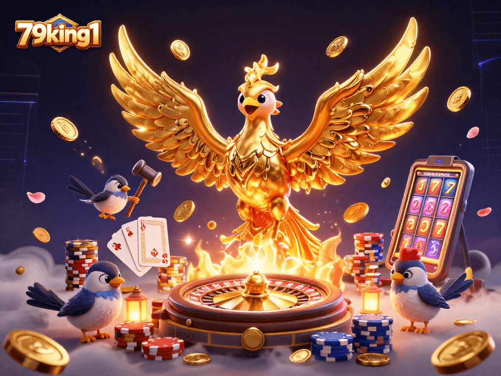 Engage with 79king1 by experiencing spinning reels and exciting casino action in a vibrant 3D illustration.