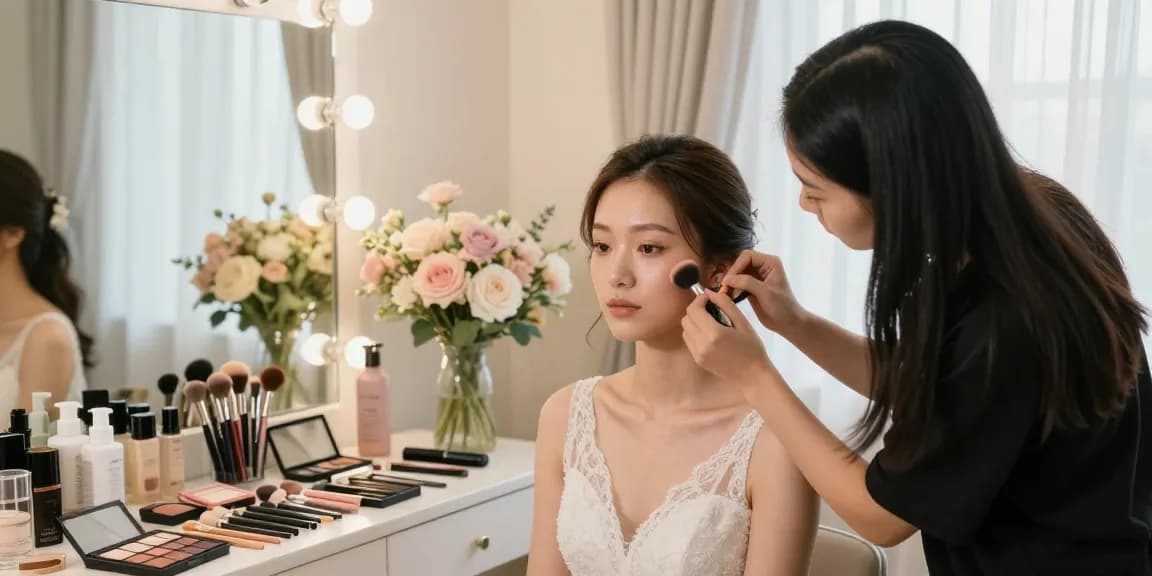 Trucco sposa realizzato da un'artista del trucco su una sposa radiosa in uno studio luminoso.