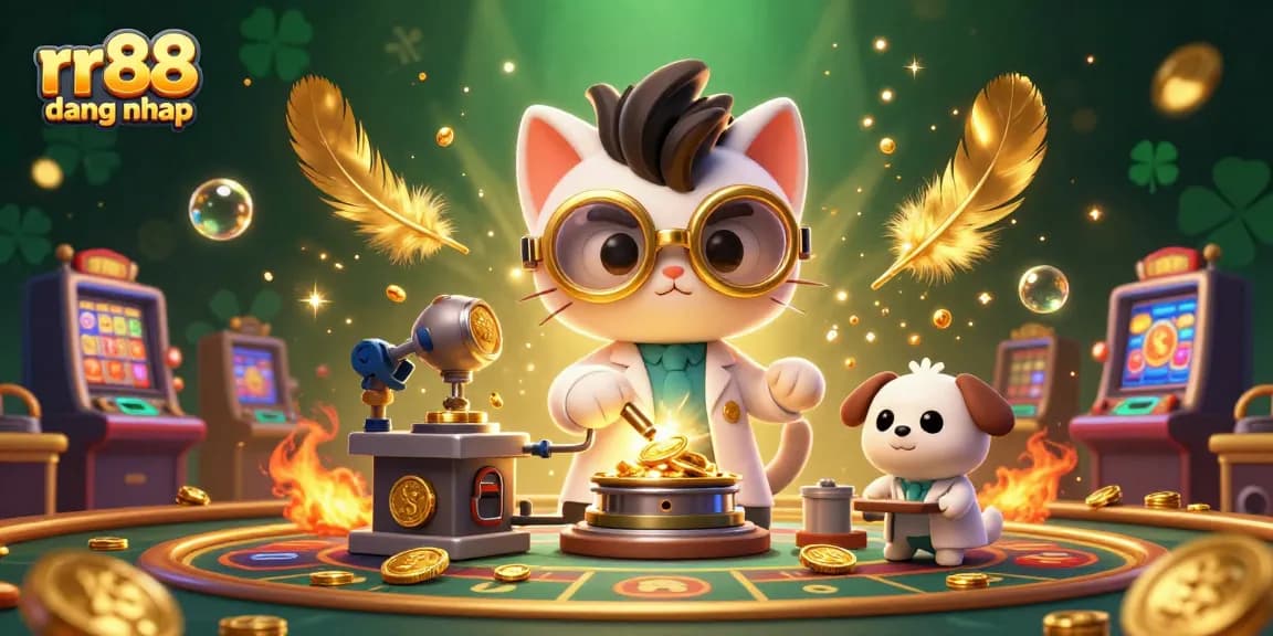 Spin and win at rr88 dang nhap with a lively casino scene featuring a cartoon cat and dog.