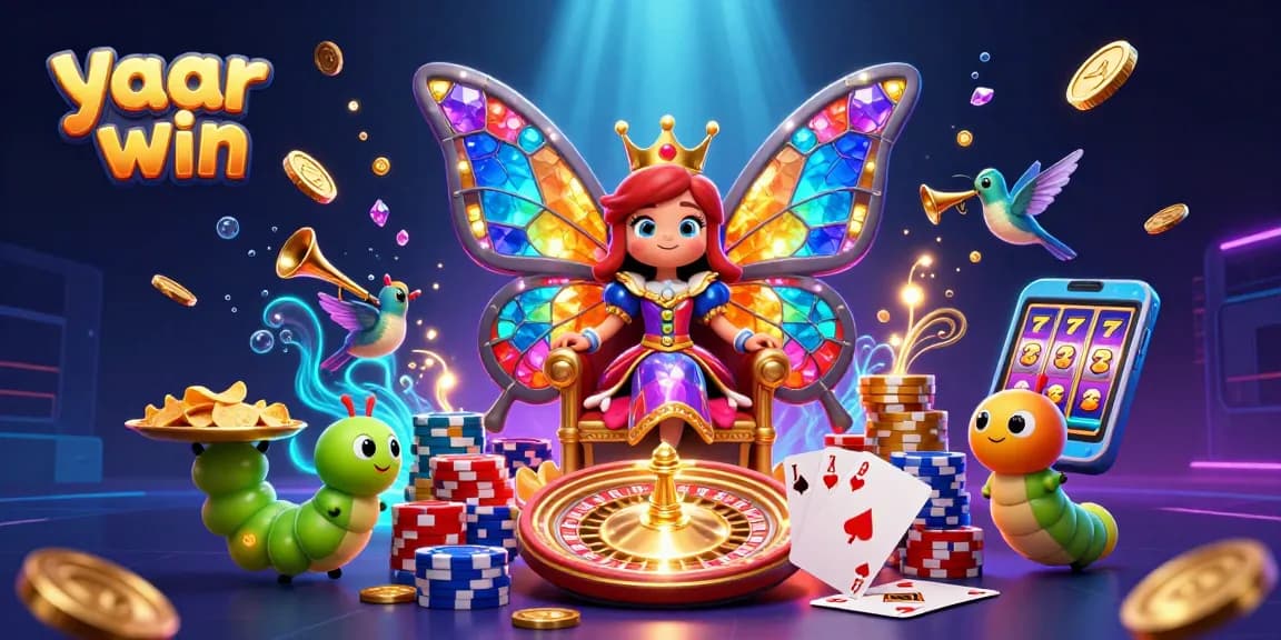 Play slots while winning big at yaar win, featuring a 3D butterfly queen amid golden coins.