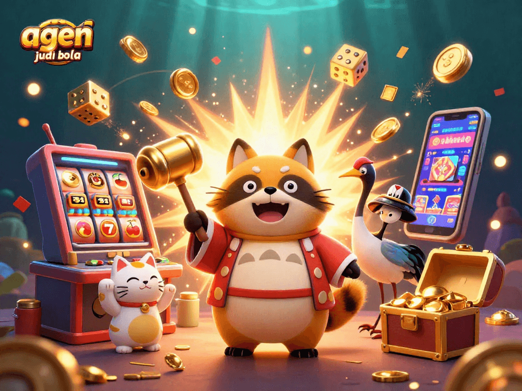 Experience the thrill of agen judi bola with a lively scene featuring colorful characters, slots, and casino elements.