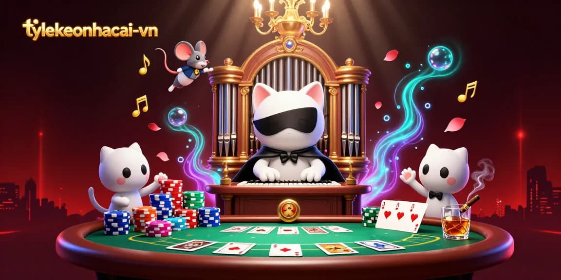 Engage in thrilling gameplay at tylekeonhacai-vn with a vivid casino scene featuring poker and acrobatics.