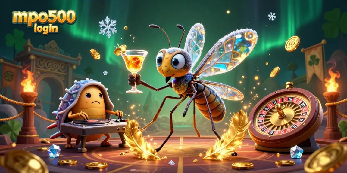 Experience mpo500 login with a dynamic scene featuring a casino mascot, DJ, and roulette elements.