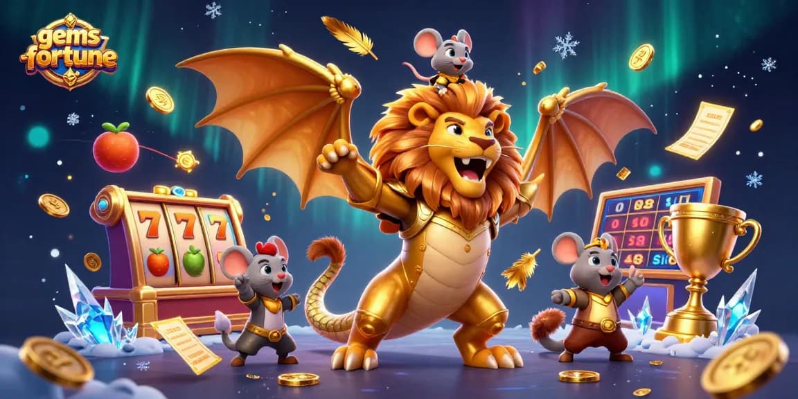 Experience the thrill of gems-fortune with a vibrant 3D illustration showcasing a chimera creature and gaming elements.