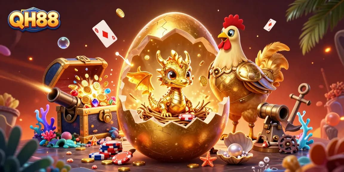 Experience the thrill of QH88 with a golden dragon and vibrant poker chips in a dynamic casino scene.