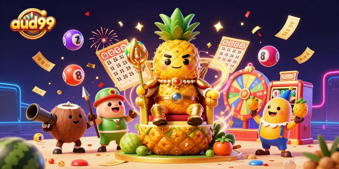 Hit big with aud99-themed elements amid vibrant casino festivities and characters.