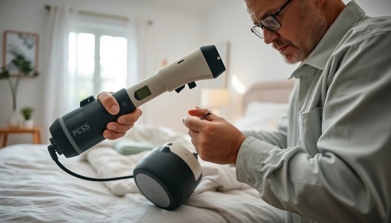 Efficient bed bug removal techniques being demonstrated by a pest control expert in a clean bedroom setting.