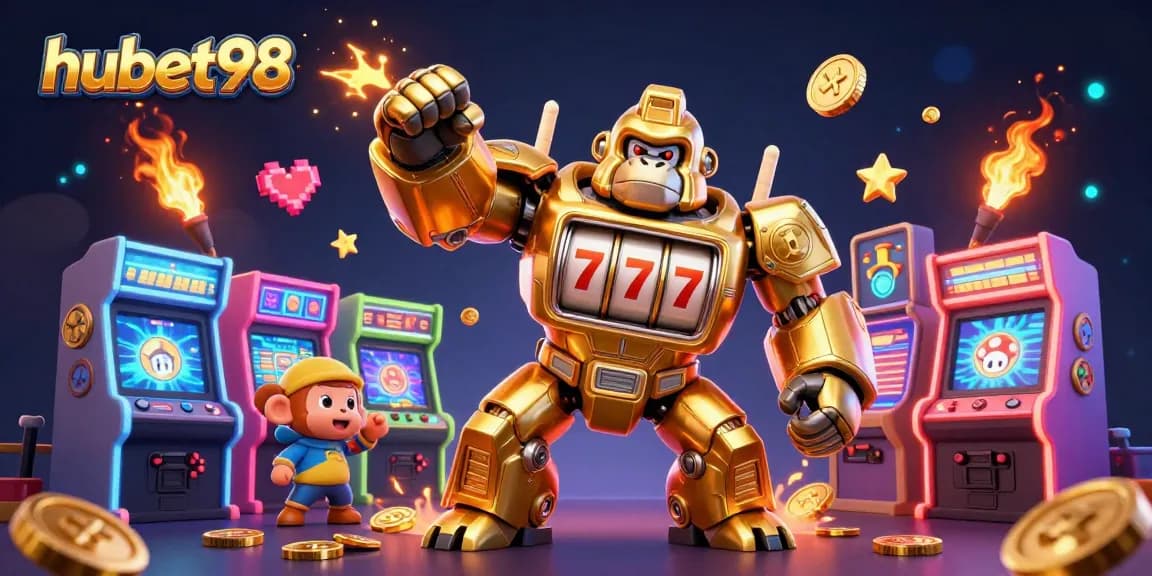 Experience the excitement of hubet98 with a golden gorilla mech in action amidst dynamic casino elements.