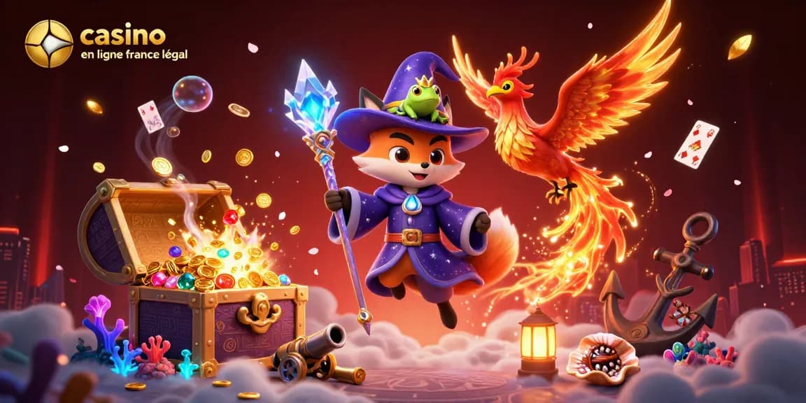 Illustration engageante de jeux de casino en ligne en France légal, mettant en avant un renard-magicien et un phénix captivant.