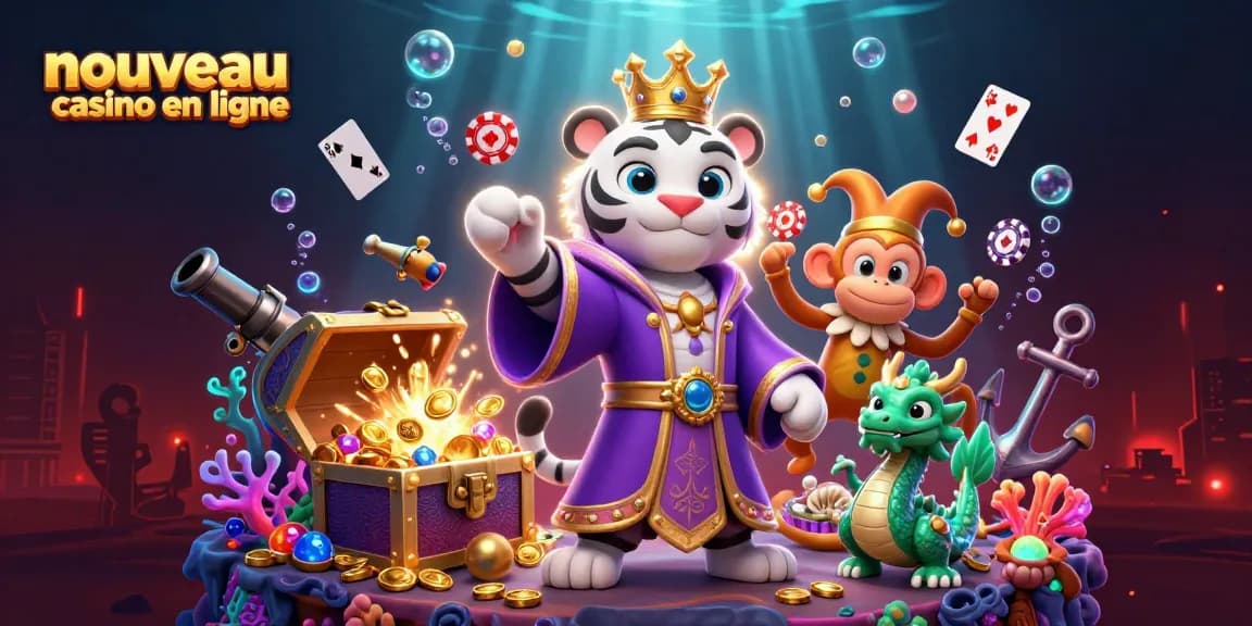 Jouez sur un nouveau casino en ligne avec un tigre blanc élégant et un singe enjoué, illustré sous l'eau.