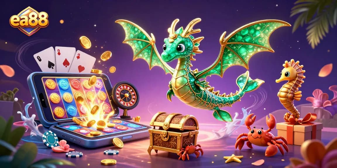 Engage in thrilling gambling at ea88 with a magical sea dragon scene filled with vibrant slot games and treasures.