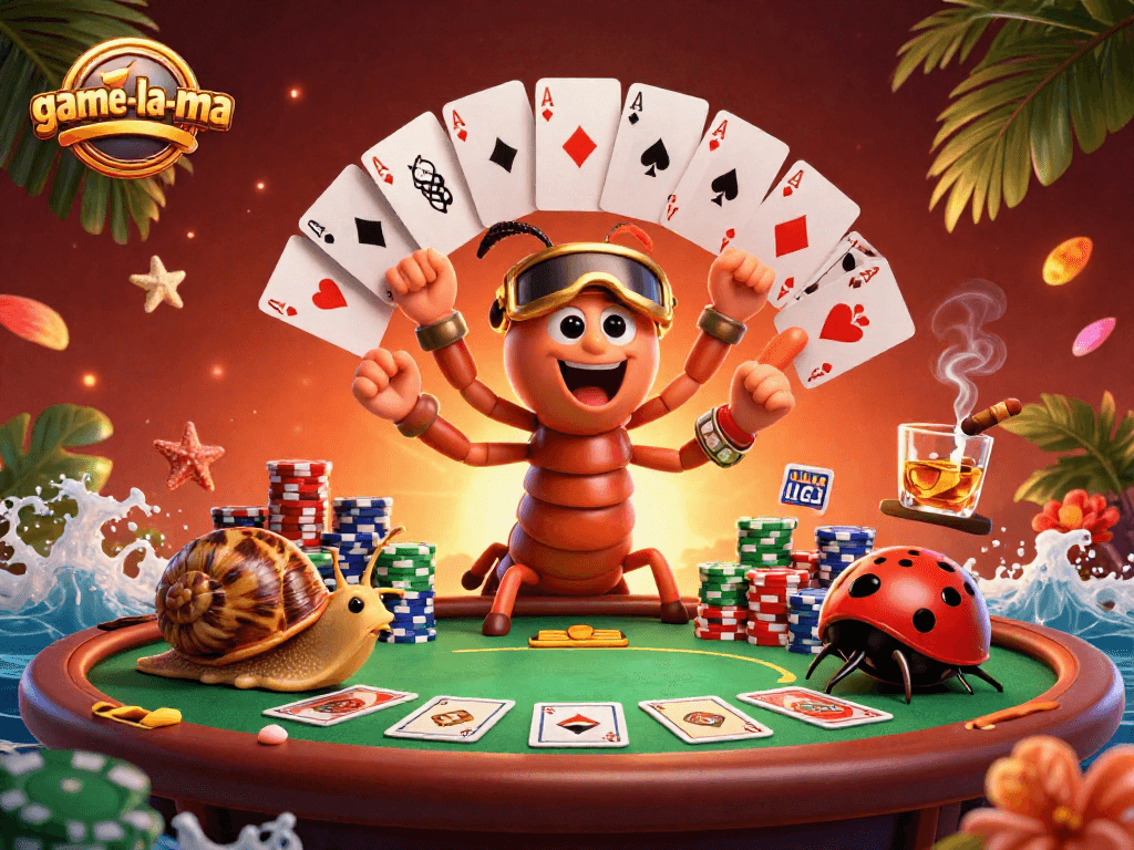 Experience game-la-ma with a lively 3D casino scene featuring a millipede dealer and high-roller characters.
