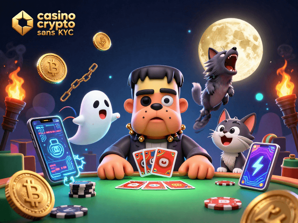 Jouez au casino crypto sans KYC avec un bulldog monstrueux et des pièces de Bitcoin brillantes.