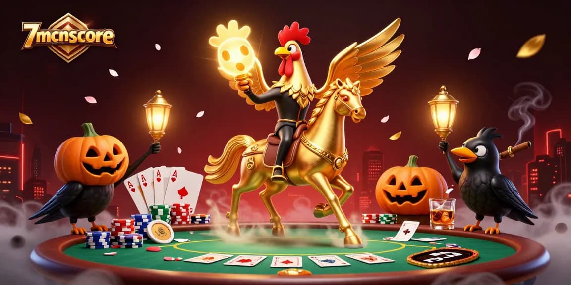 Experience thrills at 7mcnscore with a golden rooster and poker elements in a dynamic casino scene.