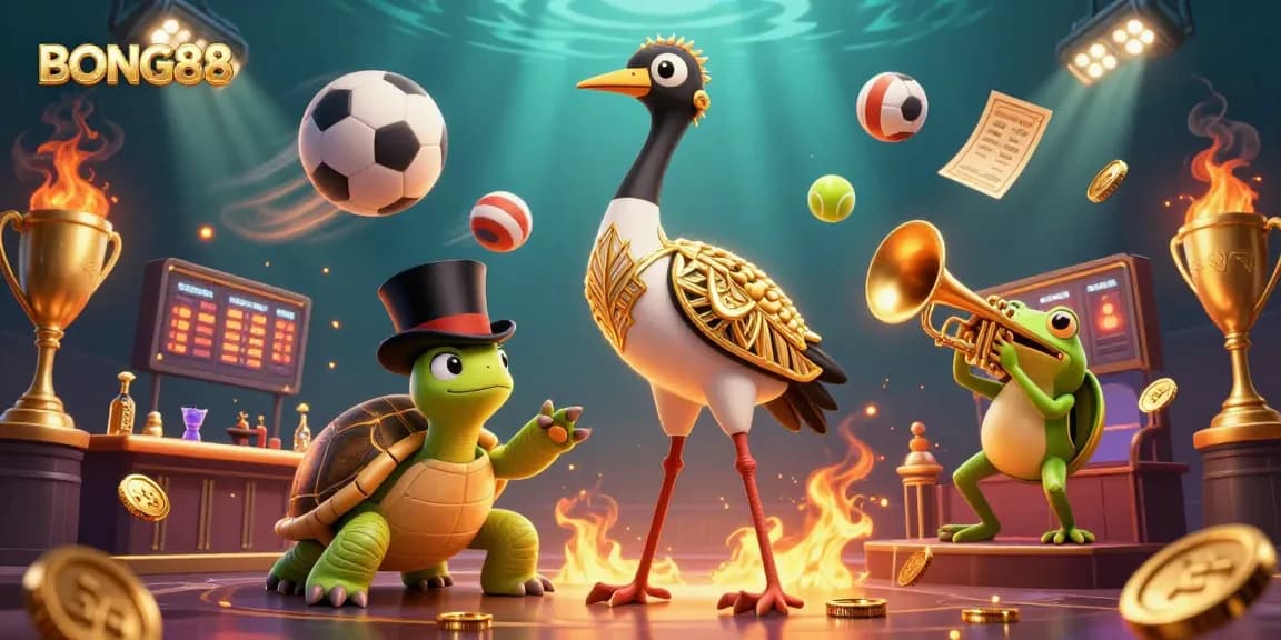 Bong88 invites players to immerse in a vibrant 3D casino scene filled with dynamic sports elements and engaging characters.