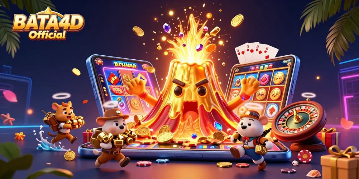 BATA4D Official showcases an exciting scene of a golden volcano amid a treasure hunt, representing gambling thrills.