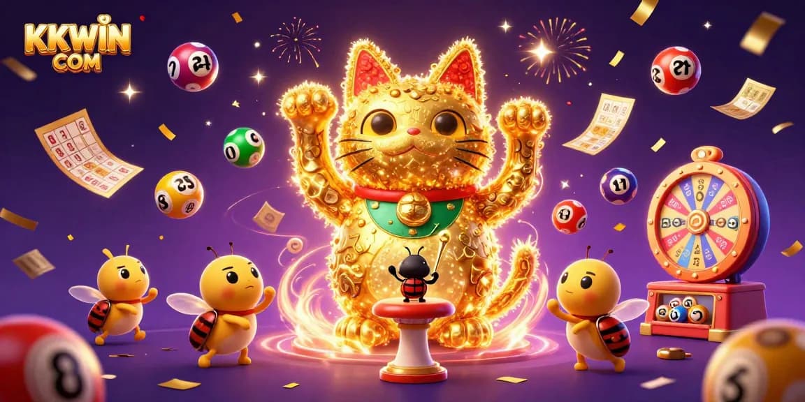 Engage with exciting KKWIN COM casino offerings through a colorful scene featuring dynamic lottery elements and lucky symbols.