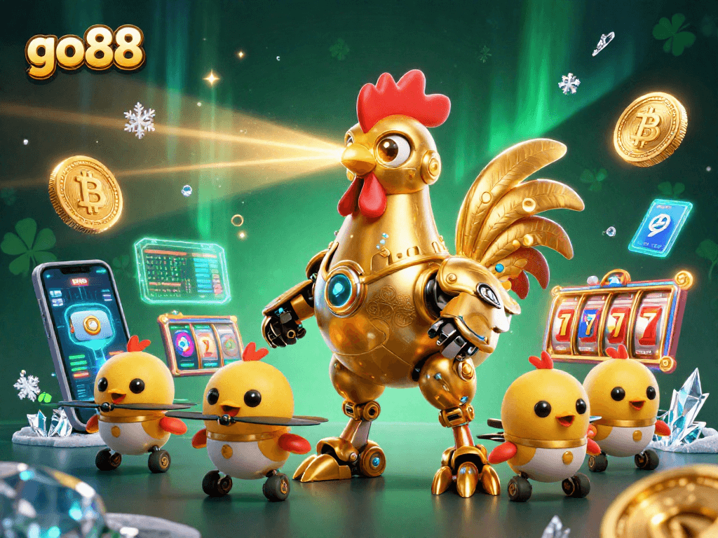 Experience the thrill of go88 casino games with a dynamic 3D illustration featuring a golden rooster robot and crypto elements.