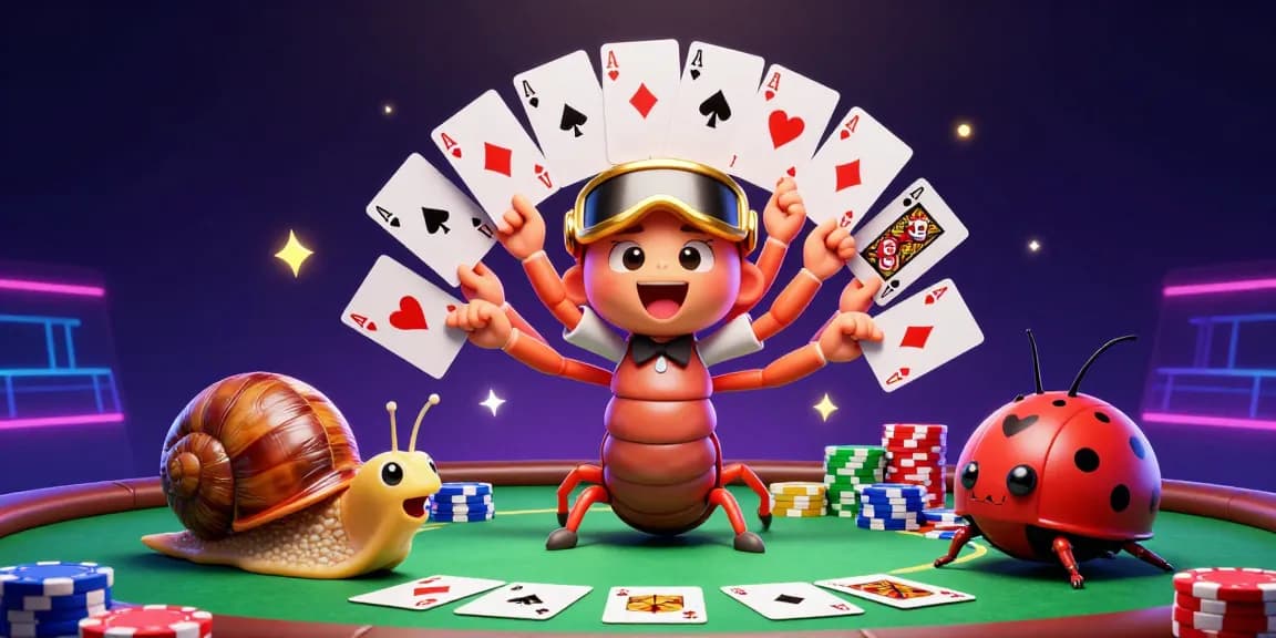 Des personnages de poker animés sur un site poker en ligne, avec un croupier millipède et un escargot joueurs.