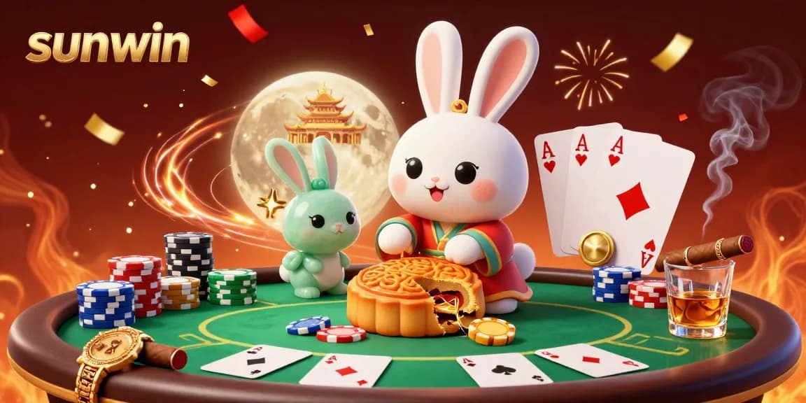 Experience the thrill of sunwin with poker chips bursting from mooncakes in a festive casino scene.